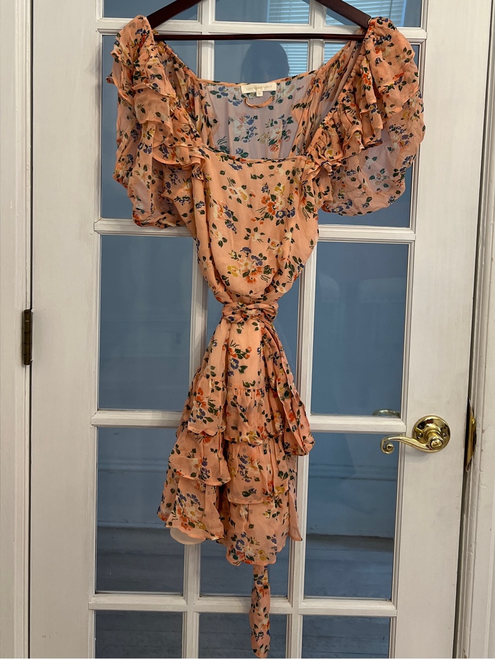 LOVESHACKFANCY Women’s Peach Floral 100% Silk Ruffle Mini Dress Size 10